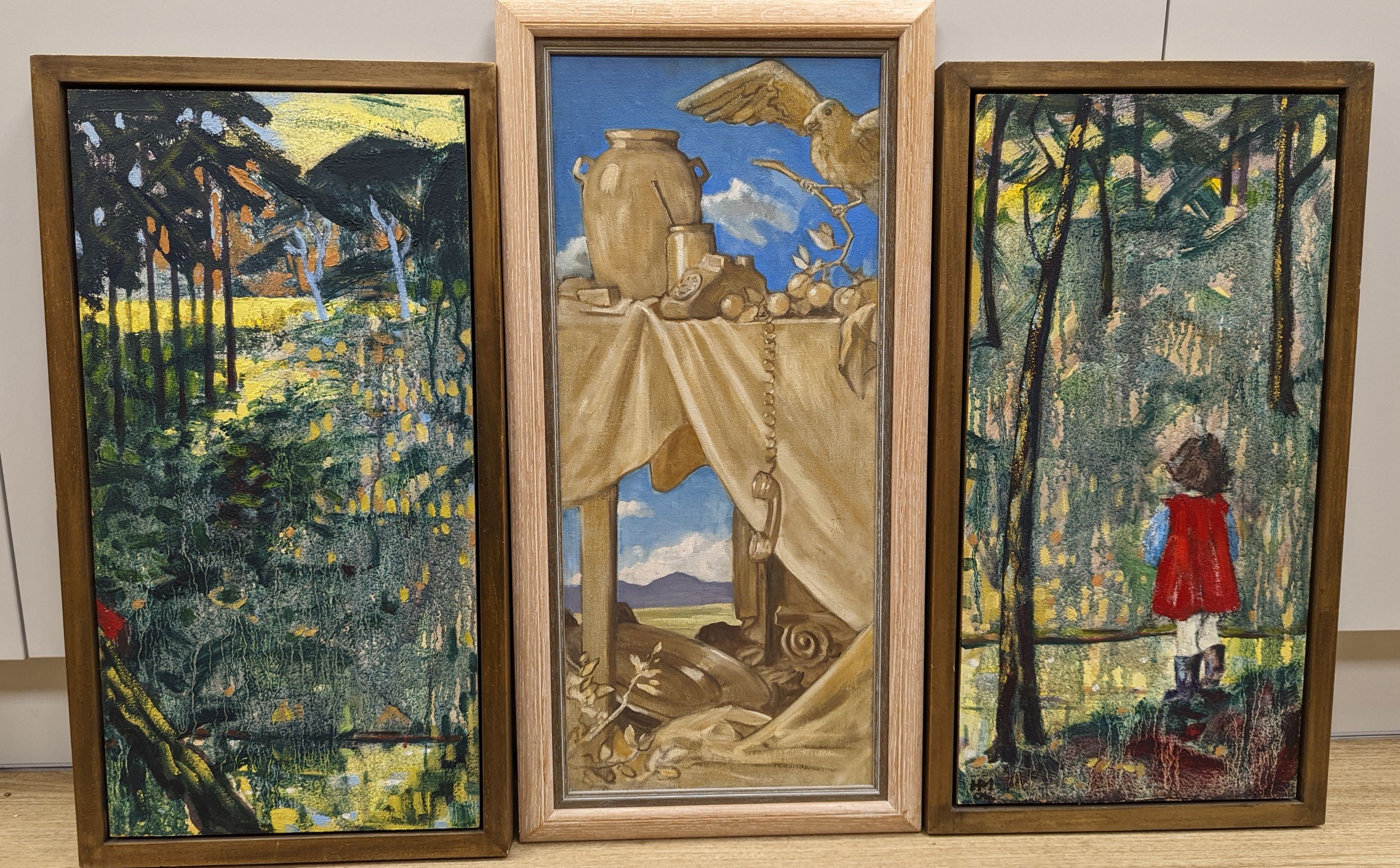 Hazel Morris, pair of oils on board, 'Listen', initialled and dated '04, 61 x 30cm and an unsigned oil on canvas, 62 x 27cm